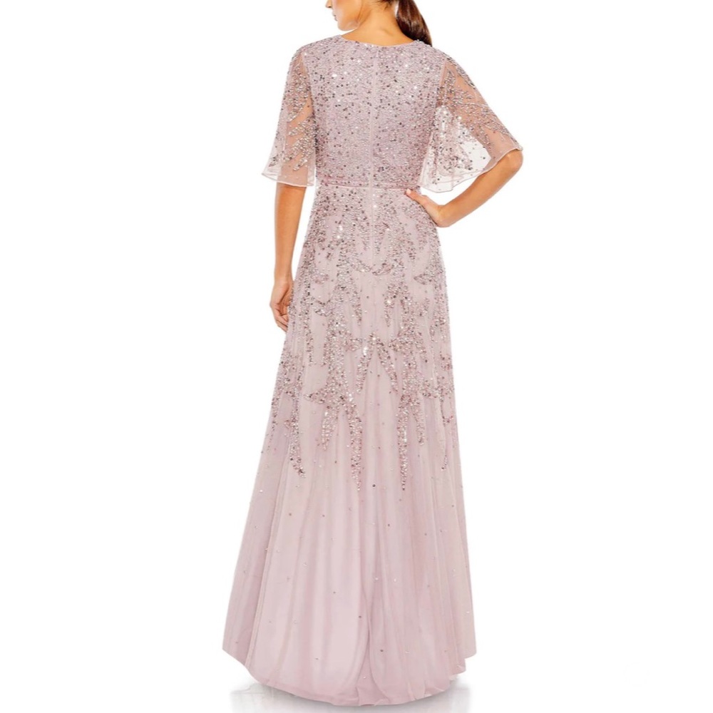 Mac Duggal Sequined Butterfly Sleeve High Low Chiffon Gown In Vintage Lilac -NWT - Picture 3 of 15